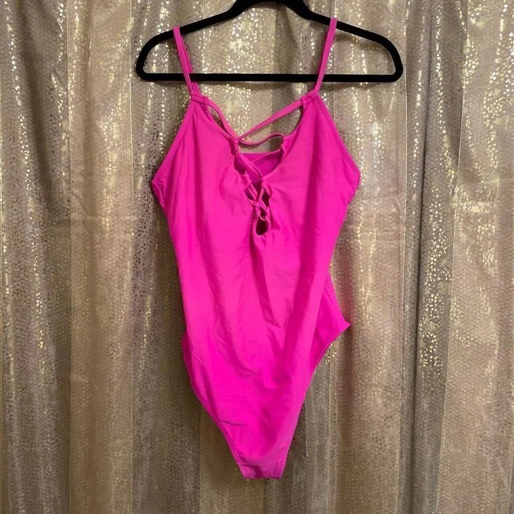 Forever 21 Neon Hot Pink Lace Up Front One Piece Swimsuit, XL